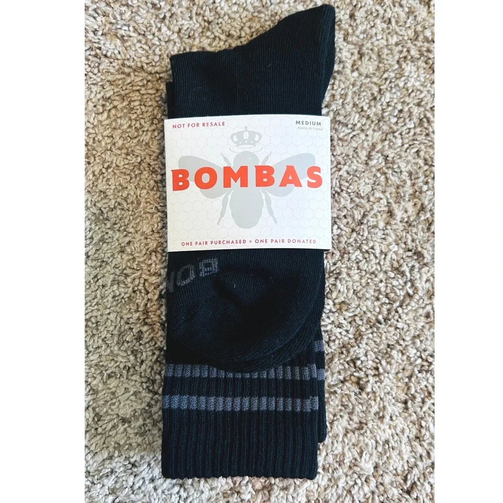 Bombas Donation Socks Black Grey Striped Crew Socks Medium Honeycomb Support